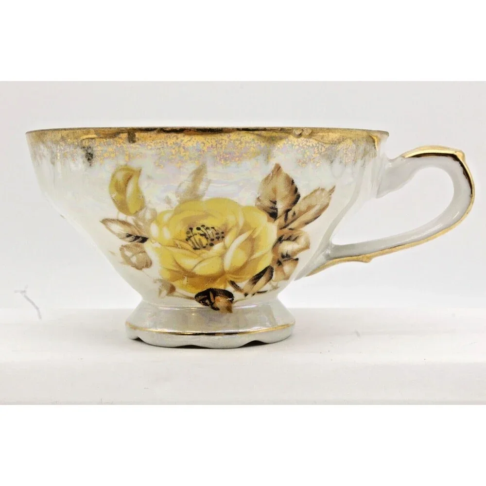 Lusterware Yellow Rose Tea Cup and Saucer Set Reticulated Hearts Japan Vintage
